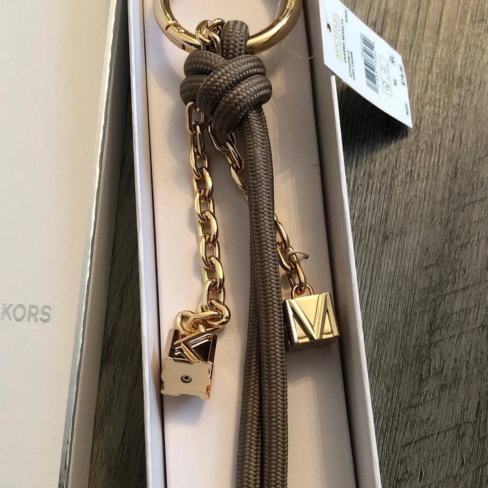 Michael Kors Gold Tone & Birch Cord Bag Charm MK Cubes NWT & Box - Picture 5 of 14